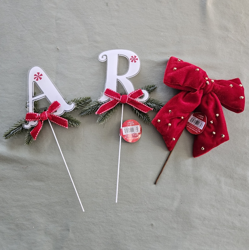NEW Ashland Christmas Picks Decor Letters A & R and Red Bow with Golden Beads